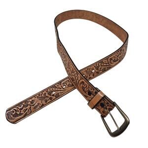 Vintage Size 34 Tooled Western Brown Leather Belt Rodeo Cowboy Boho Hand Stamped